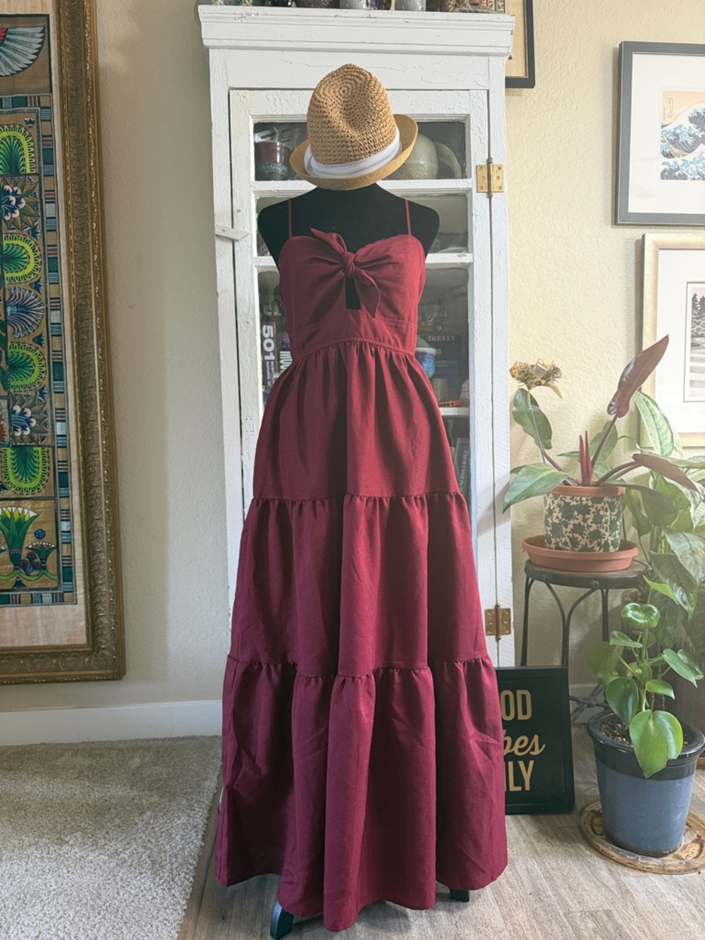 Trixxi Burgundy Bow-Front Tiered Maxi Dress